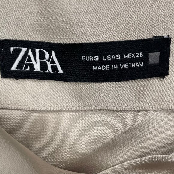 Zara Champagne Beige Ruched Satin-Effect Midi Skirt High Slit Bias Cut Sz Small - Picture 9 of 11